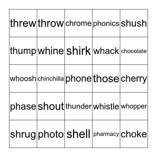 sh, th, wh, ch, ph Bingo Card