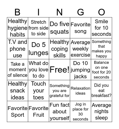 Health And Wellness Bingo Card