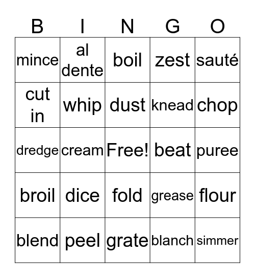 Cooking Terms Bingo Card