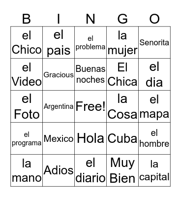 Spanish Vocabulary Bingo Card