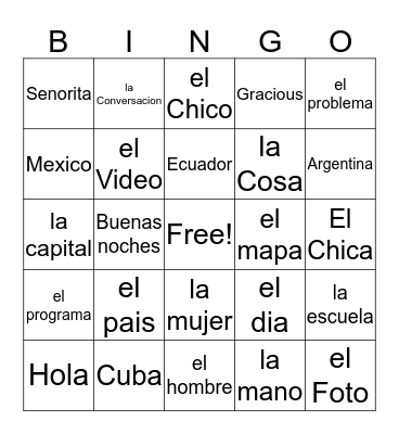 Spanish Vocabulary Bingo Card