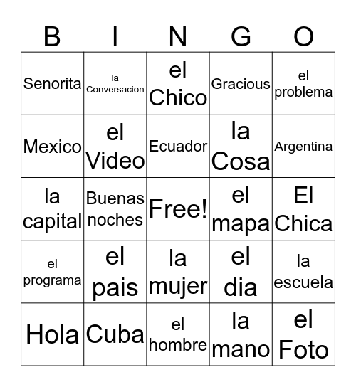 Spanish Vocabulary Bingo Card