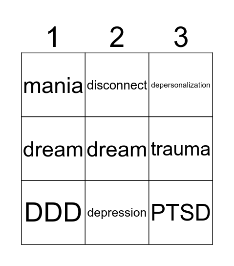 Depersonalization/ Derealization Disorder Bingo Card