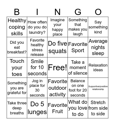 Health and Wellness Bingo Card