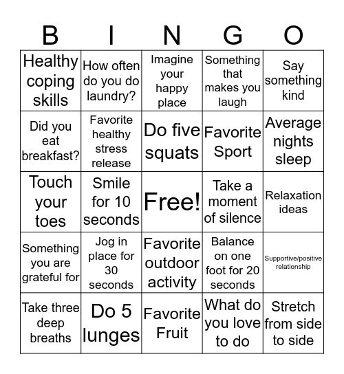 Health and Wellness Bingo Card