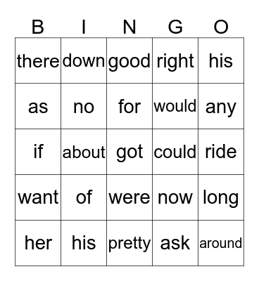 Abbi's Sight Words Bingo Card