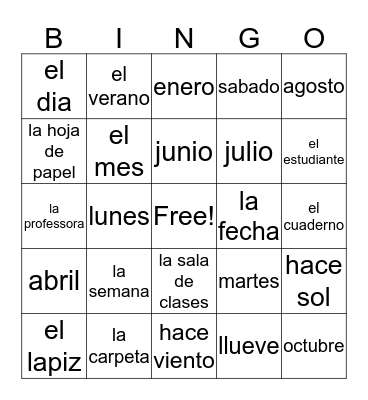 Vocabulario Bingo Card