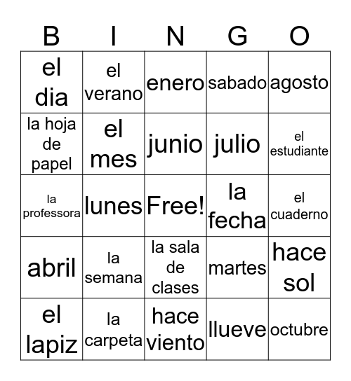 Vocabulario Bingo Card