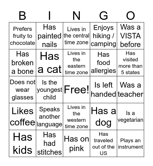 Find a VISTA Who... Bingo Card