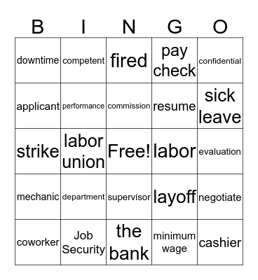Vocational Vocabulary Bingo Card