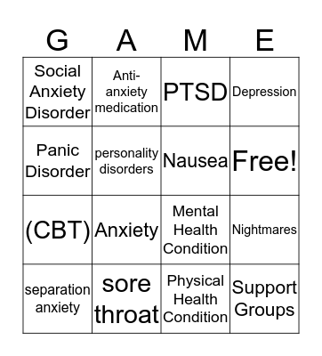 Separation Anxiety Disorder Bingo Card