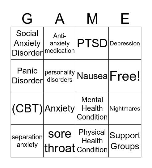 Separation Anxiety Disorder Bingo Card