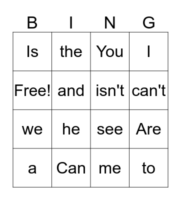 Sight Words Bingo Card