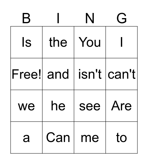 Sight Words Bingo Card