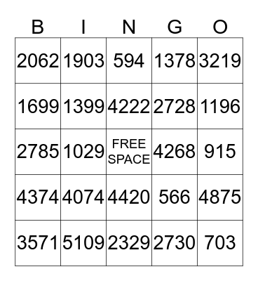 Subtraction Bingo Card