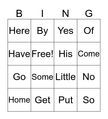 Sight Words Bingo Card