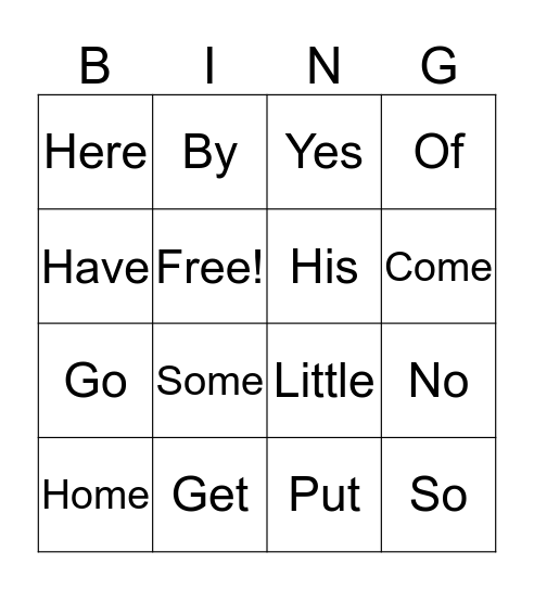 Sight Words Bingo Card