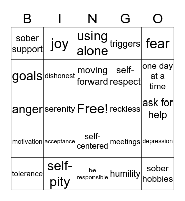 Recovery Bingo Card