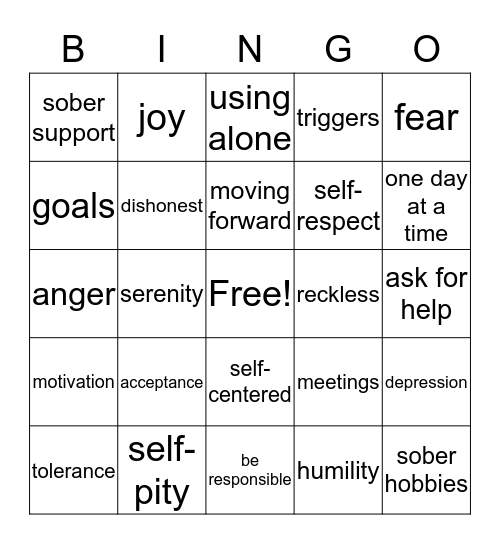 Recovery Bingo Card