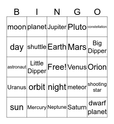 Solar System Bingo Card