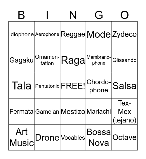 World Music Vocabulary Review Bingo Card