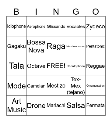 World Music Vocabulary Review Bingo Card