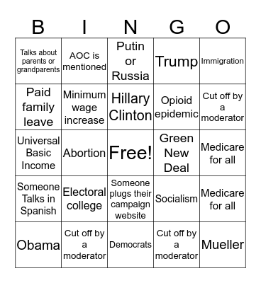 NVRD- Democratic Debate Bingo Card