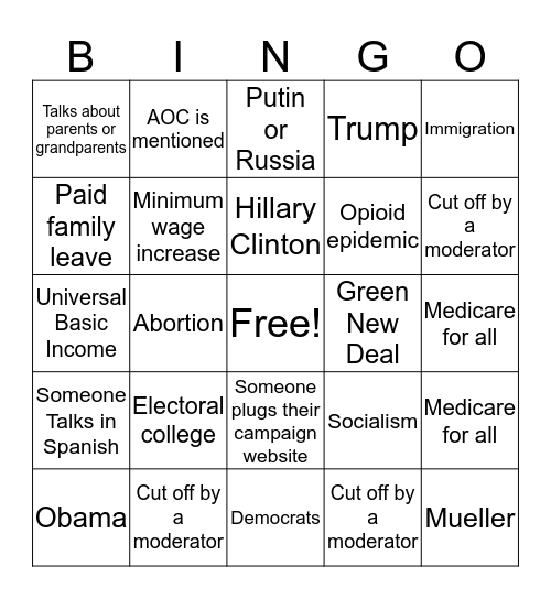 NVRD- Democratic Debate Bingo Card