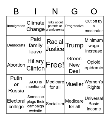 NVRD- Democratic Debate Bingo Card
