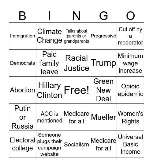 NVRD- Democratic Debate Bingo Card