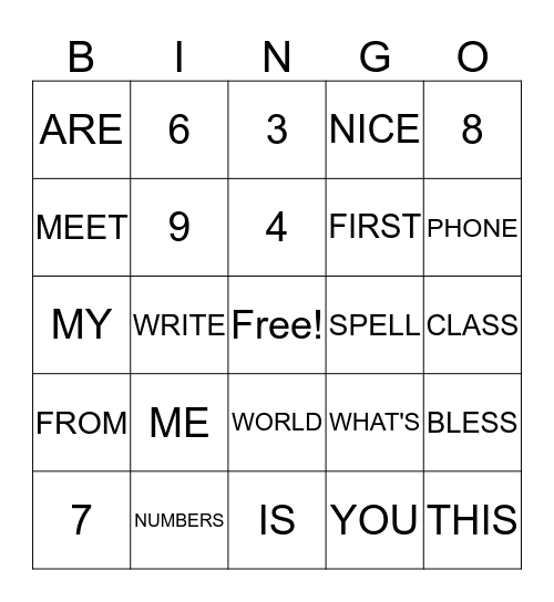 NUMBERS AND WORDS Bingo Card