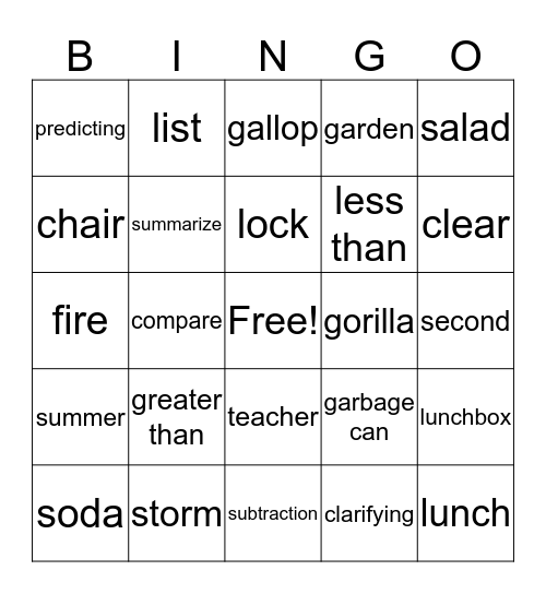 Speech Bingo Card