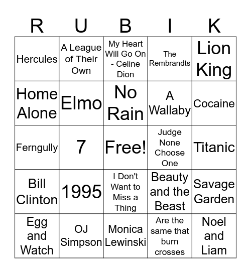90's Trivingo at Rubik's Bingo Card