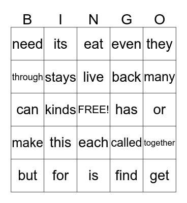 Level J Bingo Card