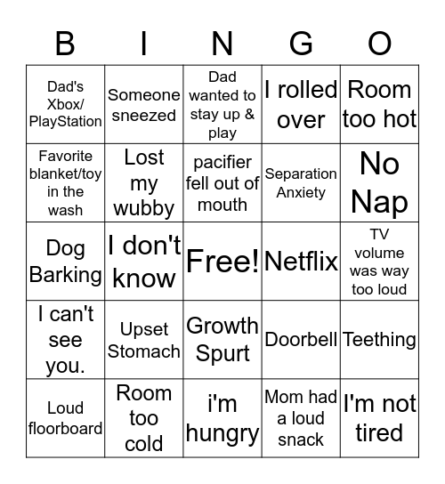 Mommy Bingo - Why is my baby crying? Bingo Card