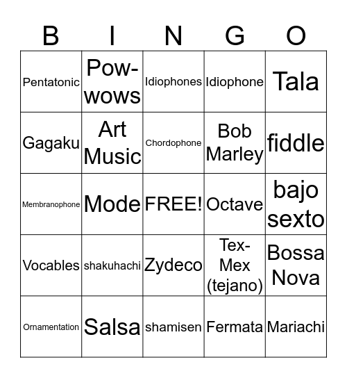 World Music Vocabulary Review Bingo Card