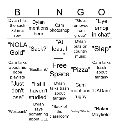 Dylan and Cam Bingo Card