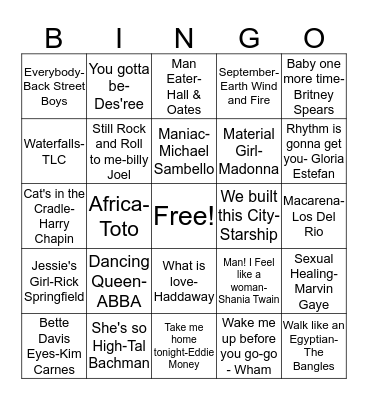 BB73 80's & 90's Fun Hits! Bingo Card