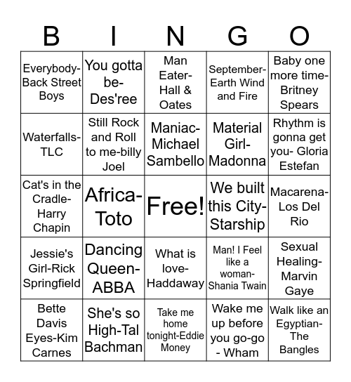 BB73 80's & 90's Fun Hits! Bingo Card