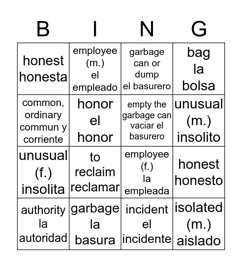 El incidente y Palabras y Expresiones Bingo Card