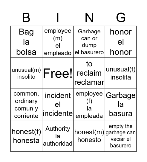 El Incidente y palabras y expesiones Bingo Card