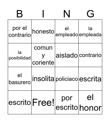 spanish vocab Bingo Card
