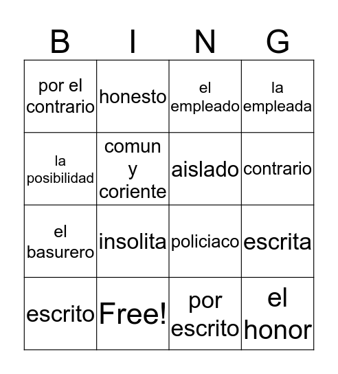 spanish vocab Bingo Card