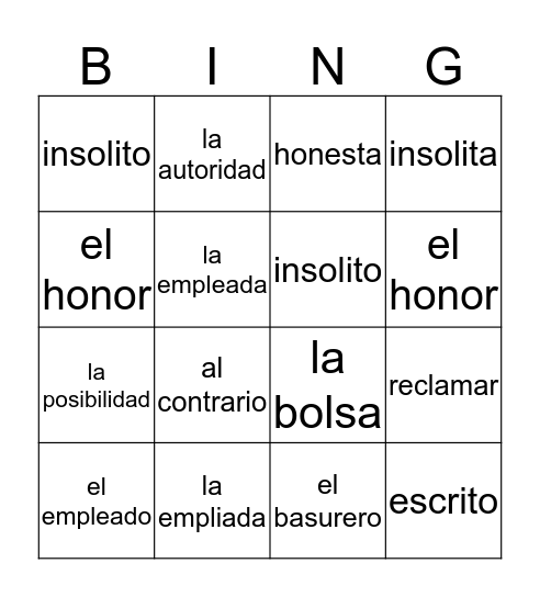 el incidente y palabras y expresiones  Bingo Card