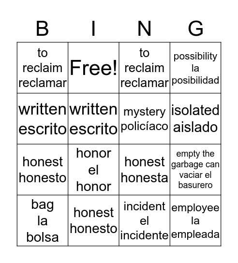 El incidente y palabras y expressiones  Bingo Card