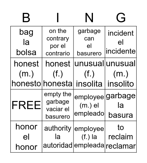 El incidente, palabras, y expresiones Bingo Card