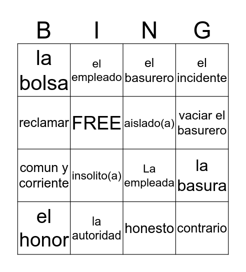 El Incidente y Palabras y Expreciones Bingo Card