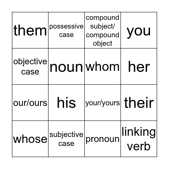 Pronoun Bingo Card