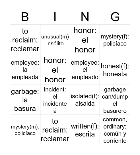 El Incidente y Palabras y Expresiones Bingo Card