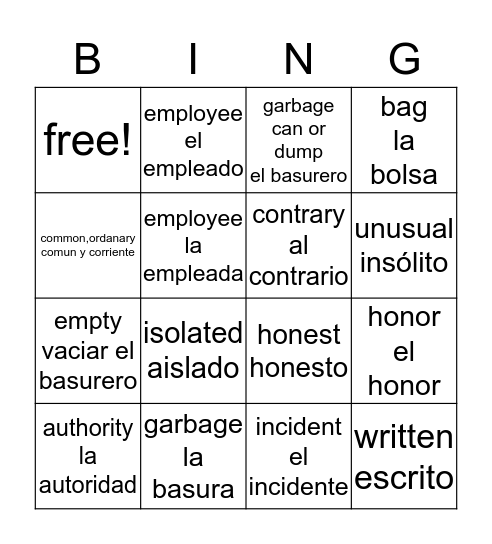 El incidente palabras y expresiones Bingo Card